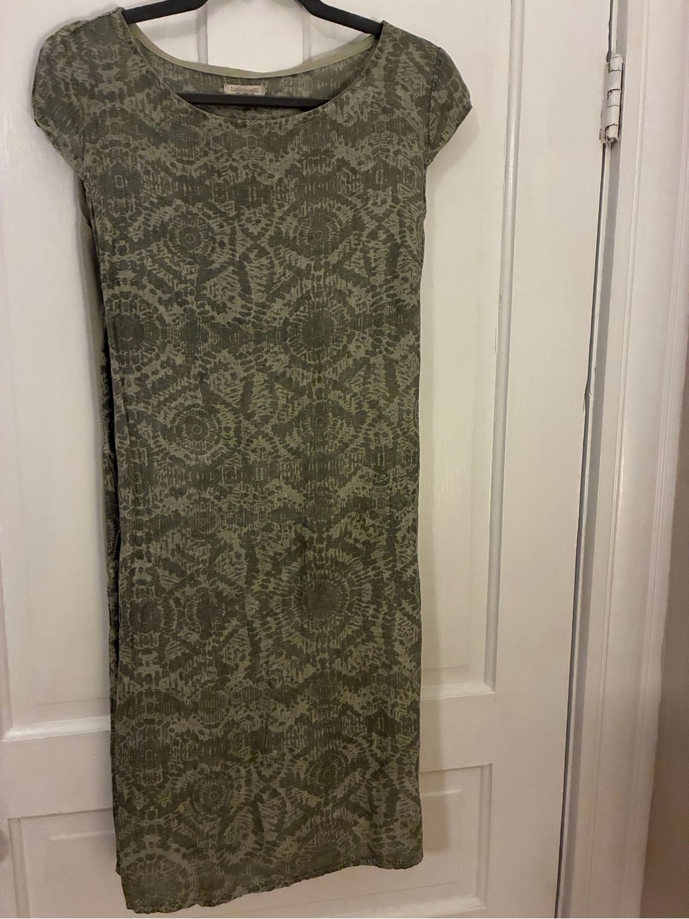 Olive Green Patterned Midi Dress with Cap Sleeves